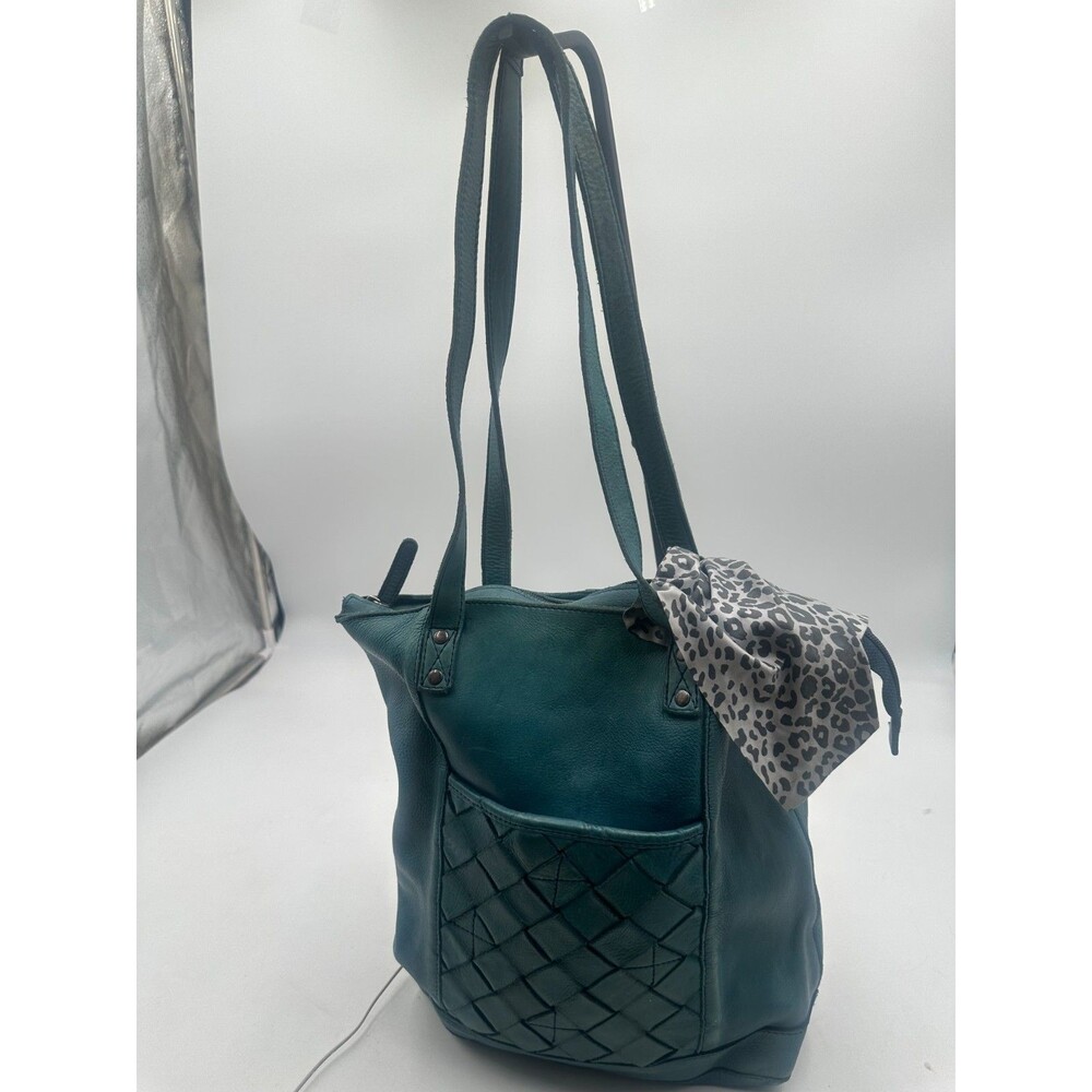 Vilenca Holland Teal Green Leather Shoulder Tote Bag Woven Pocket Scarf Accent